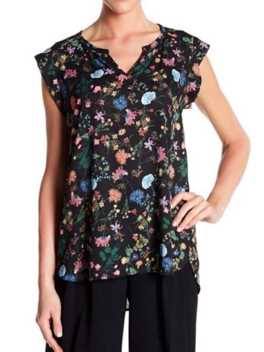 Pleione Womens Size Large Blouse Short Cap Sleeves Split Neck Chloe Floral Black